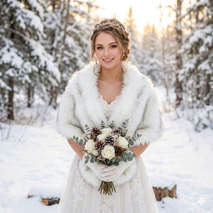 Sissily Weddings Events Faux Fur Shawl Formal Bridal Ivory Black Tips Size M New